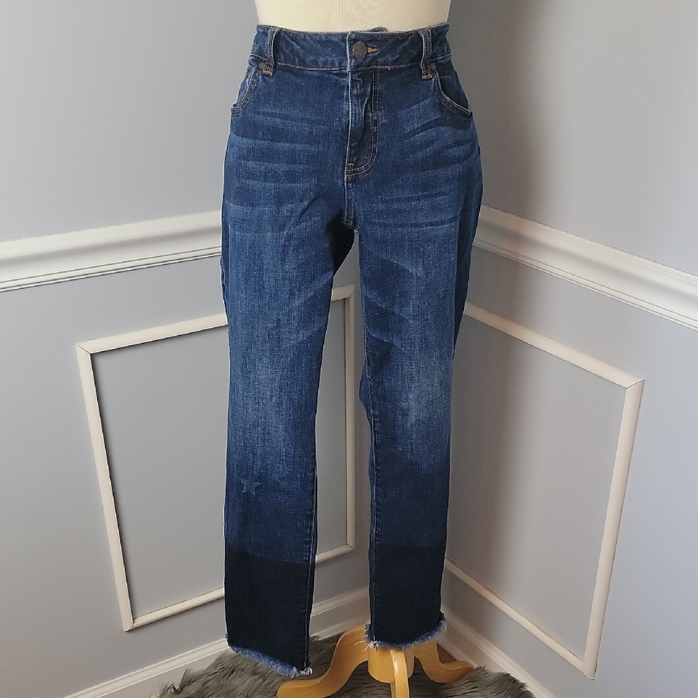CABI Slim Boyfriend Dark Wash Star Print Two Tone Leg Casual Denim Stretch Jeans